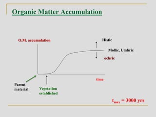 Vegetation
established
O.M. accumulation
time
Organic Matter Accumulation
Histic
Mollic, Umbric
ochric
Parent
material
tmax = 3000 yrs
 