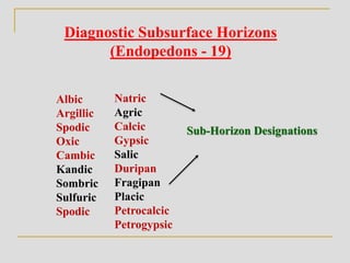 Diagnostic Subsurface Horizons
(Endopedons - 19)
Albic
Argillic
Spodic
Oxic
Cambic
Kandic
Sombric
Sulfuric
Spodic
Natric
Agric
Calcic
Gypsic
Salic
Duripan
Fragipan
Placic
Petrocalcic
Petrogypsic
Sub-Horizon Designations
 