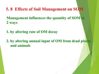 5. 8 Effects of Soil Management on SOM
Management influences the quantity of SOM in
2 ways
1. by altering rate of OM decay
2. by altering annual input of OM from dead plants
and animals
 