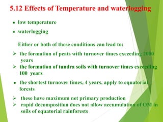 5.12 Effects of Temperature and waterlogging
● low temperature
● waterlogging
Either or both of these conditions can lead to:
 the formation of peats with turnover times exceeding 2000
years
 the formation of tundra soils with turnover times exceeding
100 years
● the shortest turnover times, 4 years, apply to equatorial
forests
 these have maximum net primary production
 rapid decomposition does not allow accumulation of OM in
soils of equatorial rainforests
 