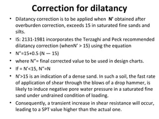 Correction for dilatancy
• Dilatancy correction is to be applied when N’ obtained after
overburden correction, exceeds 15 in saturated fine sands and
silts.
• IS: 2131-1981 incorporates the Terzaghi and Peck recommended
dilatancy correction (whenN’ > 15) using the equation
• N”=15+0.5 (N — 15)
• where N”= final corrected value to be used in design charts.
• If = N’<15, N”=N
• N’>15 is an indication of a dense sand. In such a soil, the fast rate
of application of shear through the blows of a drop hammer, is
likely to induce negative pore water pressure in a saturated fine
sand under undrained condition of loading.
• Consequently, a transient increase in shear resistance will occur,
leading to a SPT value higher than the actual one.
 
