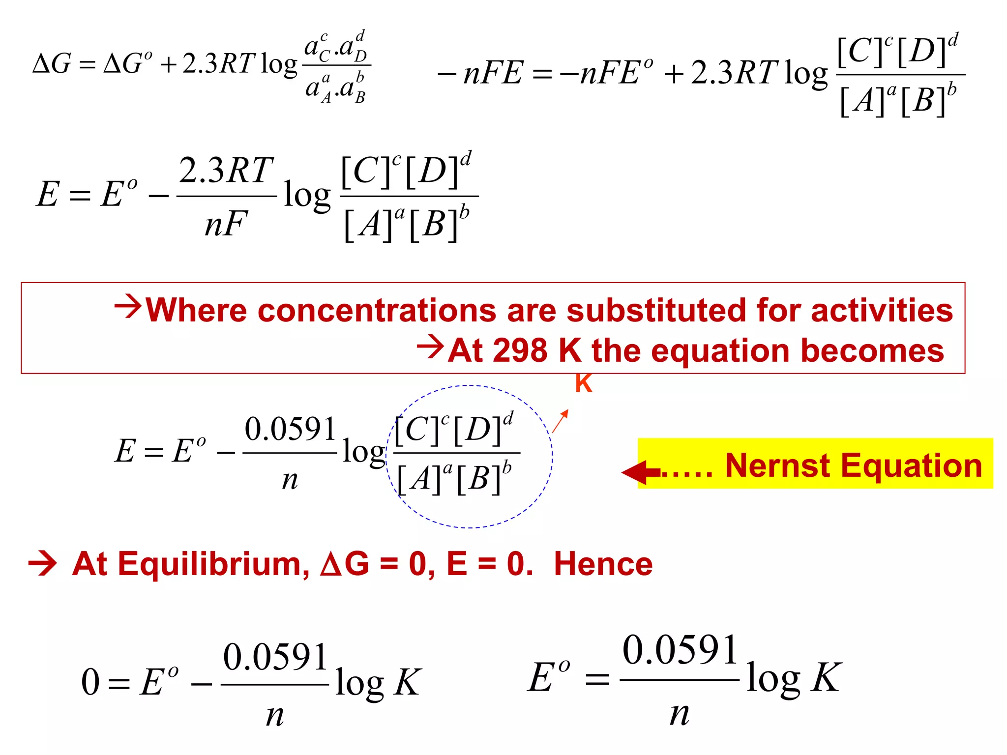 c
d
aC .aD
∆G = ∆G + 2.3RT log a b
a A .aB
o

[C ]c [ D]d
− nFE = −nFE o + 2.3RT log
[ A]a [ B]b

2.3RT
[C ]c [ D]d
E = Eo −
log
nF
[ A]a [ B]b
Where concentrations are substituted for activities
At 298 K the equation becomes
K

0.0591
[C ]c [ D]d
E = Eo −
log
n
[ A]a [ B]b

…… Nernst Equation

 At Equilibrium, ∆G = 0, E = 0. Hence

0.0591
0=E −
log K
n
o

0.0591
E =
log K
n
o

 