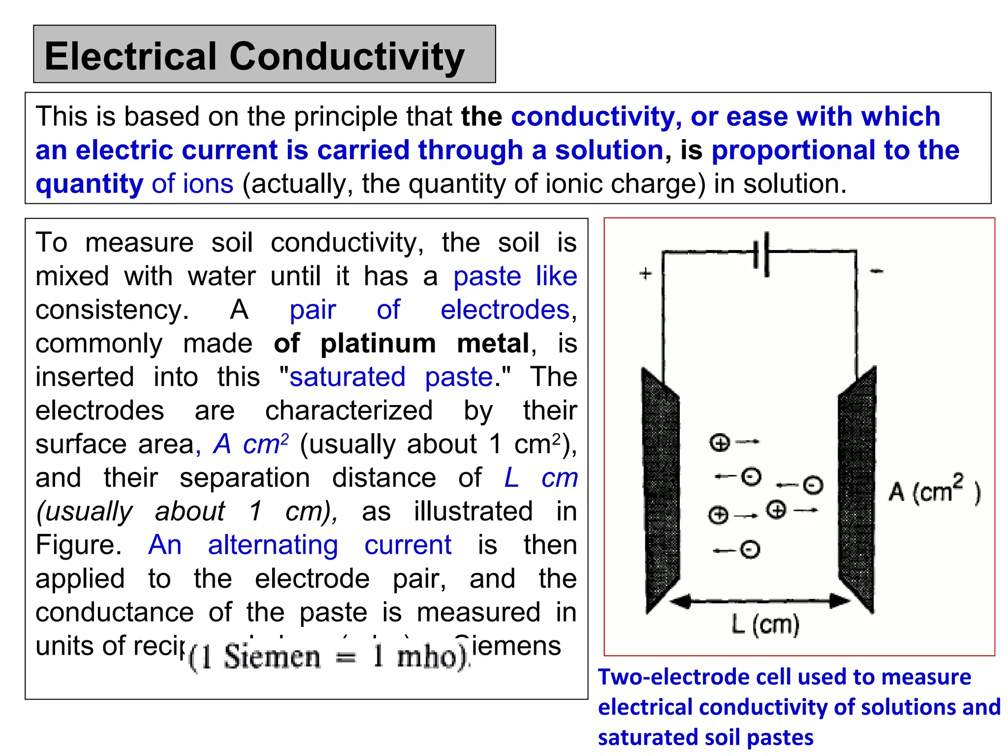 Electrical Conductivity
This is based on the principle that the conductivity, or ease with which
an electric current is carried through a solution, is proportional to the
quantity of ions (actually, the quantity of ionic charge) in solution.
To measure soil conductivity, the soil is
mixed with water until it has a paste like
consistency. A pair of electrodes,
commonly made of platinum metal, is
inserted into this "saturated paste." The
electrodes are characterized by their
surface area, A cm2 (usually about 1 cm2),
and their separation distance of L cm
(usually about 1 cm), as illustrated in
Figure. An alternating current is then
applied to the electrode pair, and the
conductance of the paste is measured in
units of reciprocal ohms (mho),or Siemens

Two-electrode cell used to measure
electrical conductivity of solutions and
saturated soil pastes

 