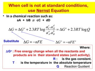 When cell is not at standard conditions,
use Nernst Equation
• In a chemical reaction such as:
aA + bB  cC + dD

c
d
aC .aD
o
o
∆G = ∆G + 2.3RT log a b = ∆G + 2.3RT log Q
a A .aB

Substitute

∆G = − nFE

∆G o = − nFE o

Where:
∆Go : Free energy change when all the reactants and
products are in their standard states (unit activity).
R : is the gas constant.
T : is the temperature in the absolute temperature
Q : Reaction Quotient

 