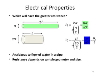 Electrical Properties
• Which will have the greater resistance?
2l
D

l
2D

R1 =

2ρl
8ρl
= 2
D 2 πD
π 
2

ρl

ρl R1
R2 =
= 2 =
2
8
D
2D  π
π 
2 

• Analogous to flow of water in a pipe
• Resistance depends on sample geometry and size.

46

 