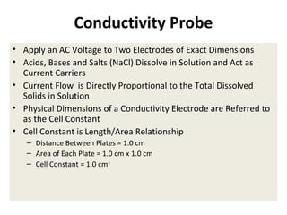 Conductivity Probe
• Apply an AC Voltage to Two Electrodes of Exact Dimensions
• Acids, Bases and Salts (NaCl) Dissolve in Solution and Act as
Current Carriers
• Current Flow is Directly Proportional to the Total Dissolved
Solids in Solution
• Physical Dimensions of a Conductivity Electrode are Referred to
as the Cell Constant
• Cell Constant is Length/Area Relationship
– Distance Between Plates = 1.0 cm
– Area of Each Plate = 1.0 cm x 1.0 cm
– Cell Constant = 1.0 cm-1

 