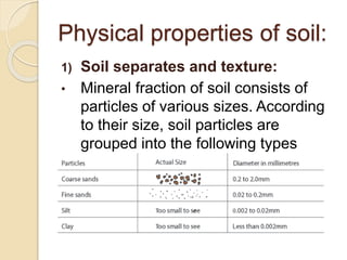 Physical properties of soil:
1) Soil separates and texture:
• Mineral fraction of soil consists of
particles of various sizes. According
to their size, soil particles are
grouped into the following types
 