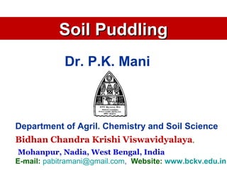 Soil Puddling
Dr. P.K. Mani

Department of Agril. Chemistry and Soil Science
Bidhan Chandra Krishi Viswavidyalaya,
Mohanpur, Nadia, West Bengal, India
E-mail: pabitramani@gmail.com, Website: www.bckv.edu.in

 