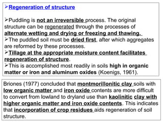 Regeneration of structure
Puddling is not an irreversible process. The original
structure can be regenerated through the processes of
alternate wetting and drying or freezing and thawing.
The puddled soil must be dried first, after which aggregates
are reformed by these processes.
Tillage at the appropriate moisture content facilitates
regeneration of structure.
This is accomplished most readily in soils high in organic
matter or iron and aluminum oxides (Koenigs, 1961).
Briones (1977) concluded that montmorillonitic clay soils with
low organic matter and iron oxide contents are more difficult
to convert from lowland to dryland use than kaolinitic clay with
higher organic matter and iron oxide contents. This indicates
that incorporation of crop residues aids regeneration of soil
structure.

 