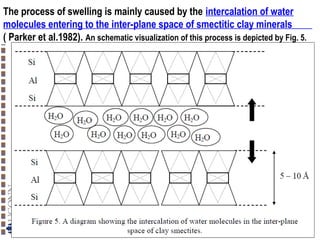 The process of swelling is mainly caused by the intercalation of water
molecules entering to the inter-plane space of smectitic clay minerals
( Parker et al.1982). An schematic visualization of this process is depicted by Fig. 5.

Copyright© Markus Tuller and Dani Or2002-2004

 