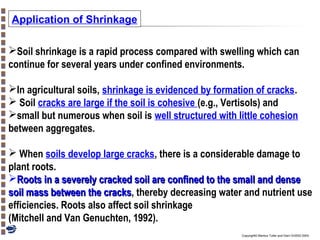 Application of Shrinkage
Soil shrinkage is a rapid process compared with swelling which can
continue for several years under confined environments.
In agricultural soils, shrinkage is evidenced by formation of cracks.
 Soil cracks are large if the soil is cohesive (e.g., Vertisols) and
small but numerous when soil is well structured with little cohesion
between aggregates.
 When soils develop large cracks, there is a considerable damage to
plant roots.
Roots in a severely cracked soil are confined to the small and dense
soil mass between the cracks, thereby decreasing water and nutrient use
cracks
efficiencies. Roots also affect soil shrinkage
(Mitchell and Van Genuchten, 1992).
Copyright© Markus Tuller and Dani Or2002-2004

 