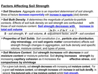 Factors Affecting Soil Strength
Soil Structure. Aggregate size is an important determinant of soil strength.
Stress at fracture decreases exponentially with increase in aggregate (clod) diameter.
Soil Bulk Density. It determines the magnitude of particle-to-particle
contacts. Effects of soil bulk density on soil strength are confounded
with
those of soil moisture content. Soil strength decreases with
increase in
total soil volume
ln S= − F ln V + A
S - soil strength, V - soil volume, A -adjustment factor, and F - soil constant
Properties of Soil Solids. Soil constitution (i.e., particle size distribution,
clay mineralogy, and soil organic matter concentration) affects soil
strength through changes in aggregation, soil bulk density and specific
volume, moisture content, and types of pores.
Soil Moisture Content. Soil strength increases with decrease in soil
moisture content or moisture potential. Soil drying increases strength by
increasing capillary cohesion as it increases the
effective stress, and
compactness by shrinkage
For a given bulk density, soil strength decreases with increasing soil moisture content. For
39
a given soil moisture content, soil strength increases with increase in soil bulk density. In
general, fine-textured soils at low moisture content exhibit high strength.

 