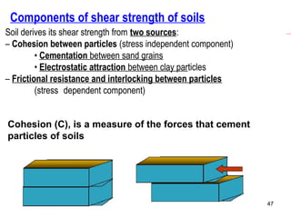 Components of shear strength of soils
Soil derives its shear strength from two sources:
– Cohesion between particles (stress independent component)
• Cementation between sand grains
• Electrostatic attraction between clay particles
– Frictional resistance and interlocking between particles
(stress dependent component)
Cohesion (C), is a measure of the forces that cement
particles of soils

47

 