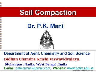 Soil Compaction
Dr. P.K. Mani

Department of Agril. Chemistry and Soil Science
Bidhan Chandra Krishi Viswavidyalaya,
Mohanpur, Nadia, West Bengal, India
E-mail: pabitramani@gmail.com, Website: www.bckv.edu.in
Copyright© Markus Tuller and Dani Or2002-2004

 