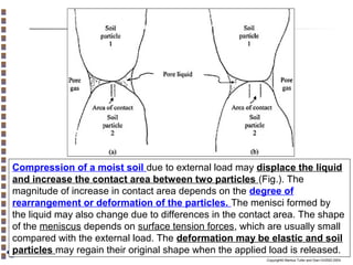 Compression of a moist soil due to external load may displace the liquid
and increase the contact area between two particles (Fig.). The
magnitude of increase in contact area depends on the degree of
rearrangement or deformation of the particles. The menisci formed by
the liquid may also change due to differences in the contact area. The shape
of the meniscus depends on surface tension forces, which are usually small
compared with the external load. The deformation may be elastic and soil
particles may regain their original shape when the applied load is released.
Copyright© Markus Tuller and Dani Or2002-2004

 