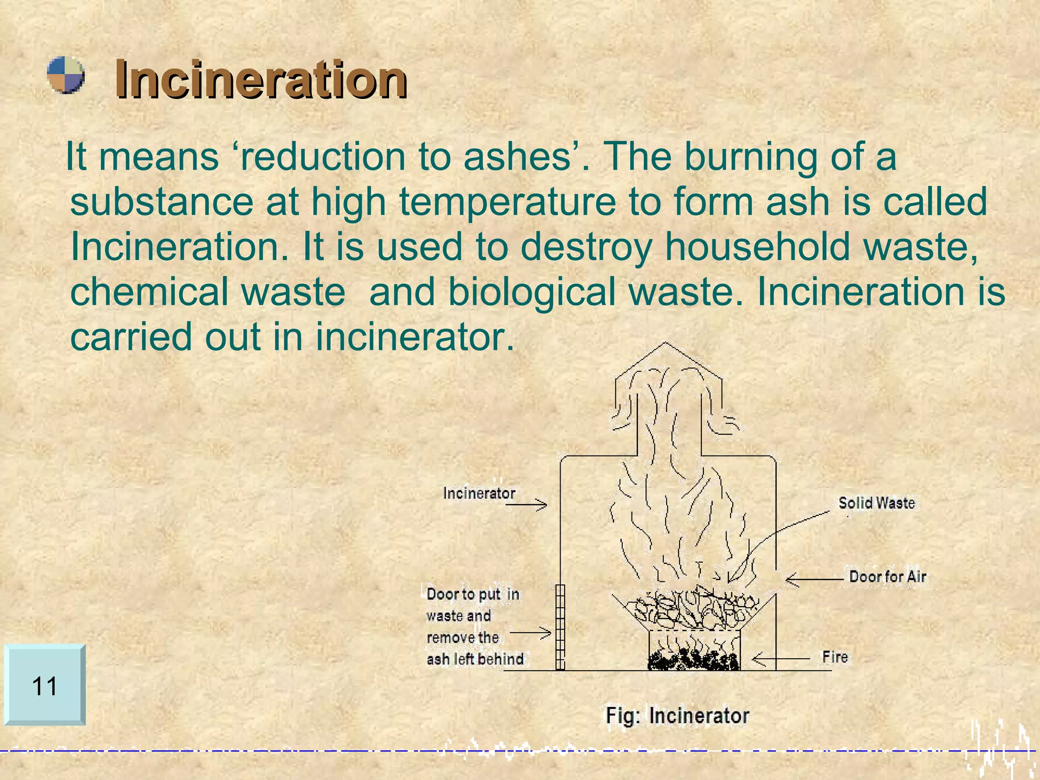 Incineration
     It means ‘reduction to ashes’. The burning of a
     substance at high temperature to form ash is called
     Incineration. It is used to destroy household waste,
     chemical waste and biological waste. Incineration is
     carried out in incinerator.




11
 