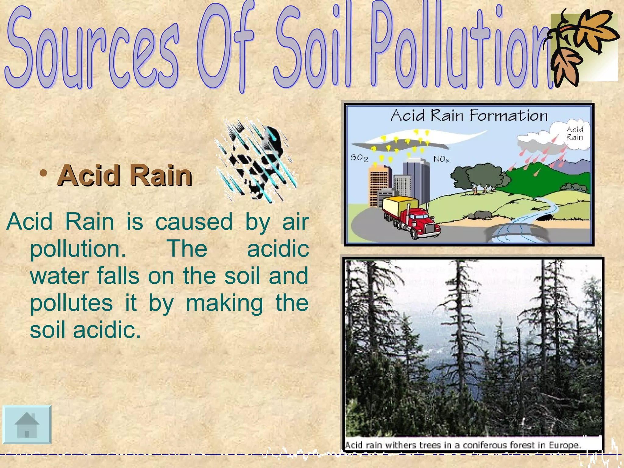 • Acid Rain
Acid Rain is caused by air
  pollution.   The     acidic
  water falls on the soil and
  pollutes it by making the
  soil acidic.
 
