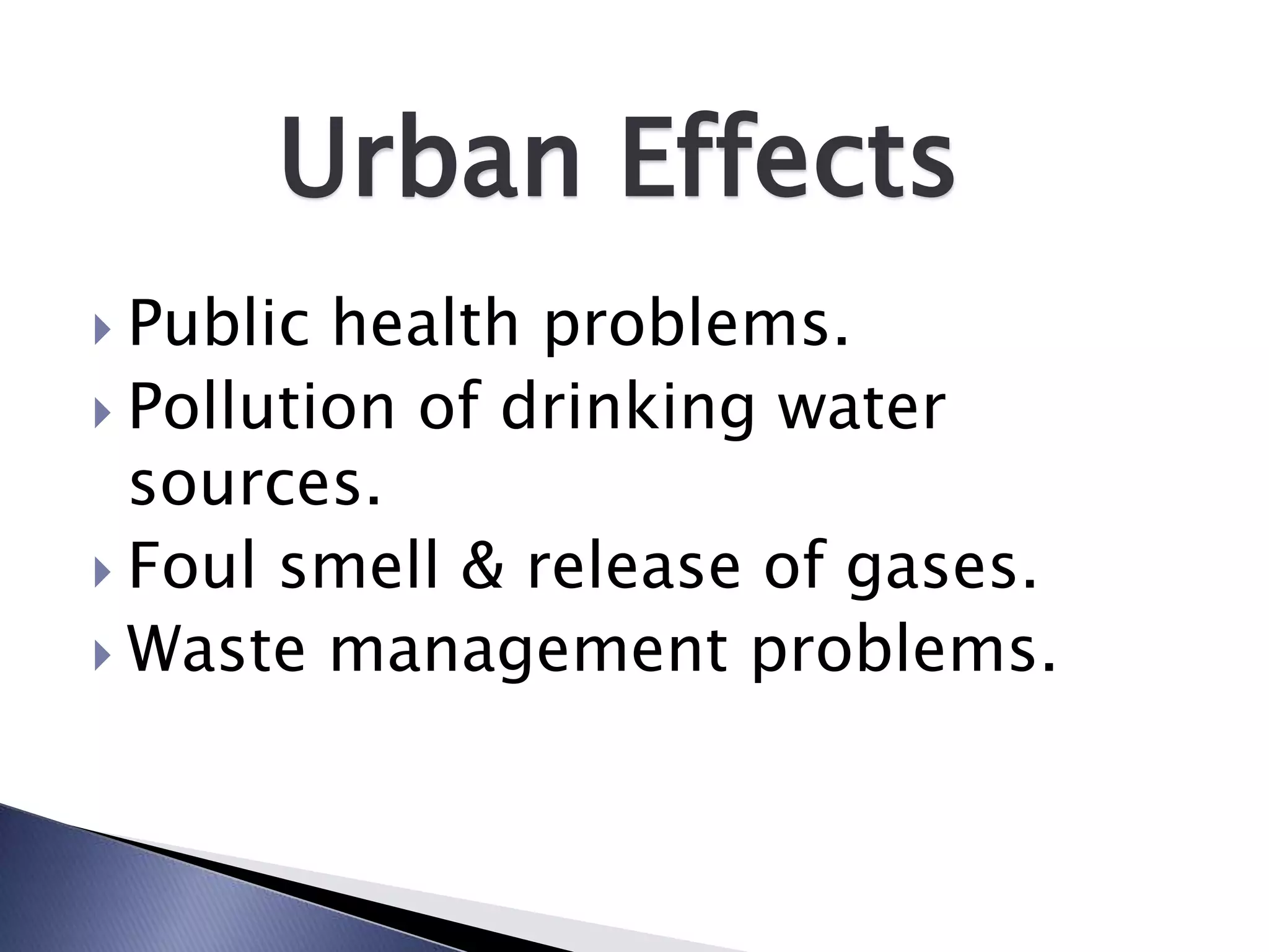 Urban Effects
 Public health problems.
 Pollution of drinking water
  sources.
 Foul smell & release of gases.
 Waste management problems.
 