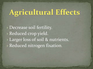 Agricultural Effects
 Decrease soil fertility.
 Reduced crop yield.
 Larger loss of soil & nutrients.
 Reduced nitrogen fixation.
 