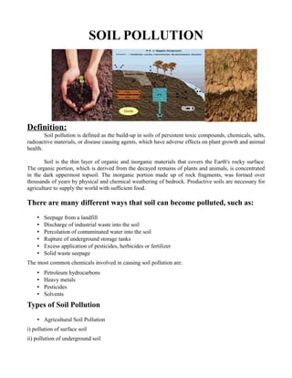 SOIL POLLUTION
Definition:
Soil pollution is defined as the build-up in soils of persistent toxic compounds, chemicals, salts,
radioactive materials, or disease causing agents, which have adverse effects on plant growth and animal
health.
Soil is the thin layer of organic and inorganic materials that covers the Earth's rocky surface.
The organic portion, which is derived from the decayed remains of plants and animals, is concentrated
in the dark uppermost topsoil. The inorganic portion made up of rock fragments, was formed over
thousands of years by physical and chemical weathering of bedrock. Productive soils are necessary for
agriculture to supply the world with sufficient food.
There are many different ways that soil can become polluted, such as:
• Seepage from a landfill
• Discharge of industrial waste into the soil
• Percolation of contaminated water into the soil
• Rupture of underground storage tanks
• Excess application of pesticides, herbicides or fertilizer
• Solid waste seepage
The most common chemicals involved in causing soil pollution are:
• Petroleum hydrocarbons
• Heavy metals
• Pesticides
• Solvents
Types of Soil Pollution
• Agricultural Soil Pollution
i) pollution of surface soil
ii) pollution of underground soil
 