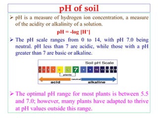 pH of soil
 pH is a measure of hydrogen ion concentration, a measure
of the acidity or alkalinity of a solution.
pH = -log [H+]
 The pH scale ranges from 0 to 14, with pH 7.0 being
neutral. pH less than 7 are acidic, while those with a pH
greater than 7 are basic or alkaline.
 The optimal pH range for most plants is between 5.5
and 7.0; however, many plants have adapted to thrive
at pH values outside this range.
 