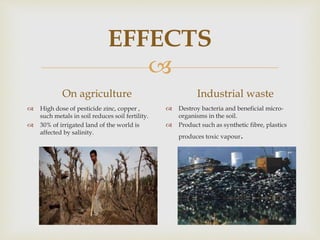 
EFFECTS
On agriculture
 High dose of pesticide zinc, copper ,
such metals in soil reduces soil fertility.
 30% of irrigated land of the world is
affected by salinity.
Industrial waste
 Destroy bacteria and beneficial micro-
organisms in the soil.
 Product such as synthetic fibre, plastics
produces toxic vapour.
 