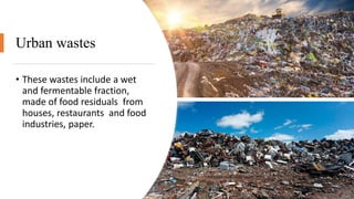 Urban wastes
• These wastes include a wet
and fermentable fraction,
made of food residuals from
houses, restaurants and food
industries, paper.
 
