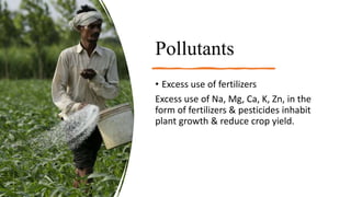 Pollutants
• Excess use of fertilizers
Excess use of Na, Mg, Ca, K, Zn, in the
form of fertilizers & pesticides inhabit
plant growth & reduce crop yield.
 