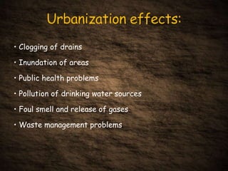 • Clogging of drains
• Inundation of areas
• Public health problems
• Pollution of drinking water sources
• Foul smell and release of gases
• Waste management problems
 