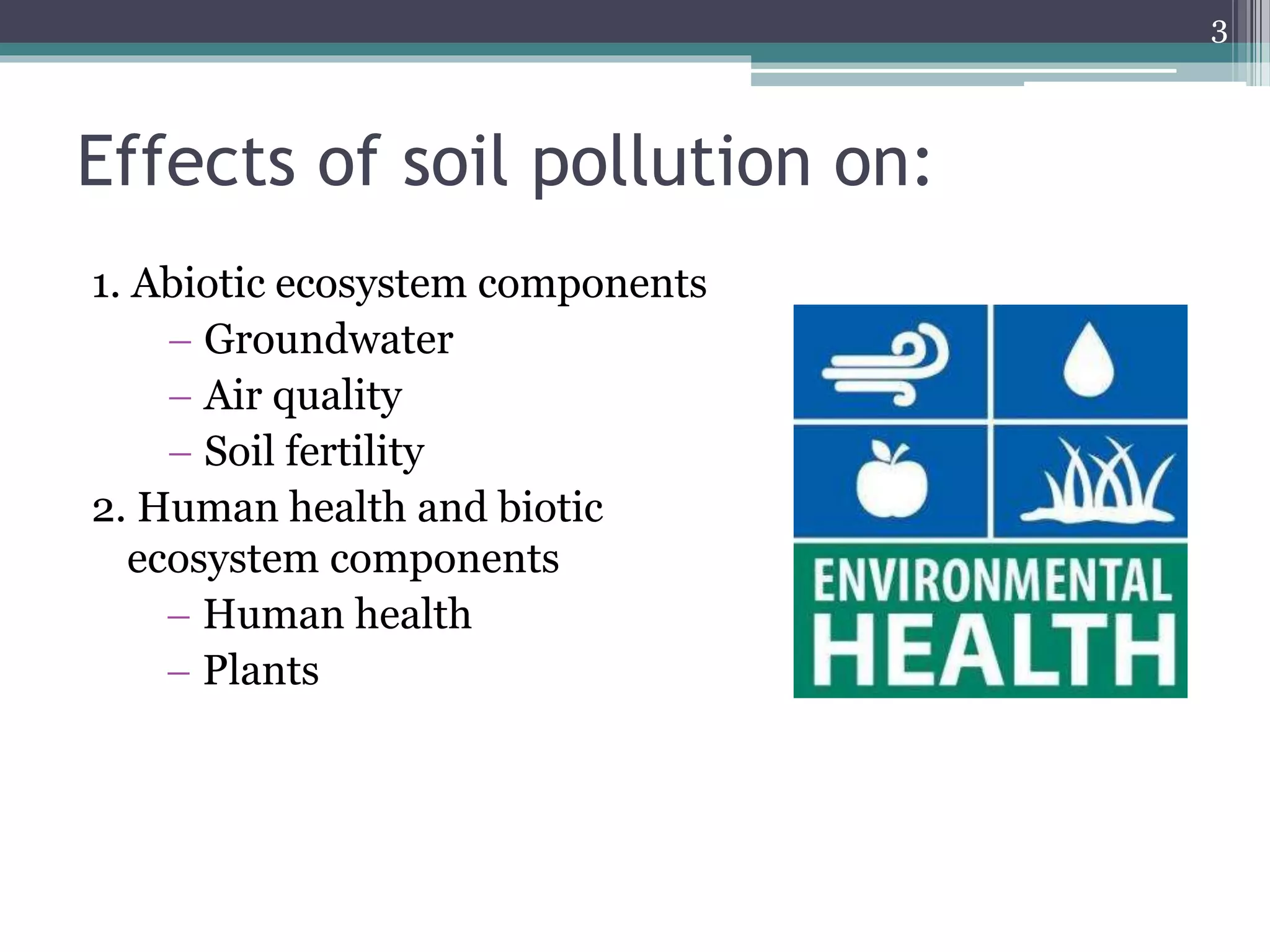 Effects of soil pollution on:
1. Abiotic ecosystem components
 Groundwater
 Air quality
 Soil fertility
2. Human health and biotic
ecosystem components
 Human health
 Plants
3
 