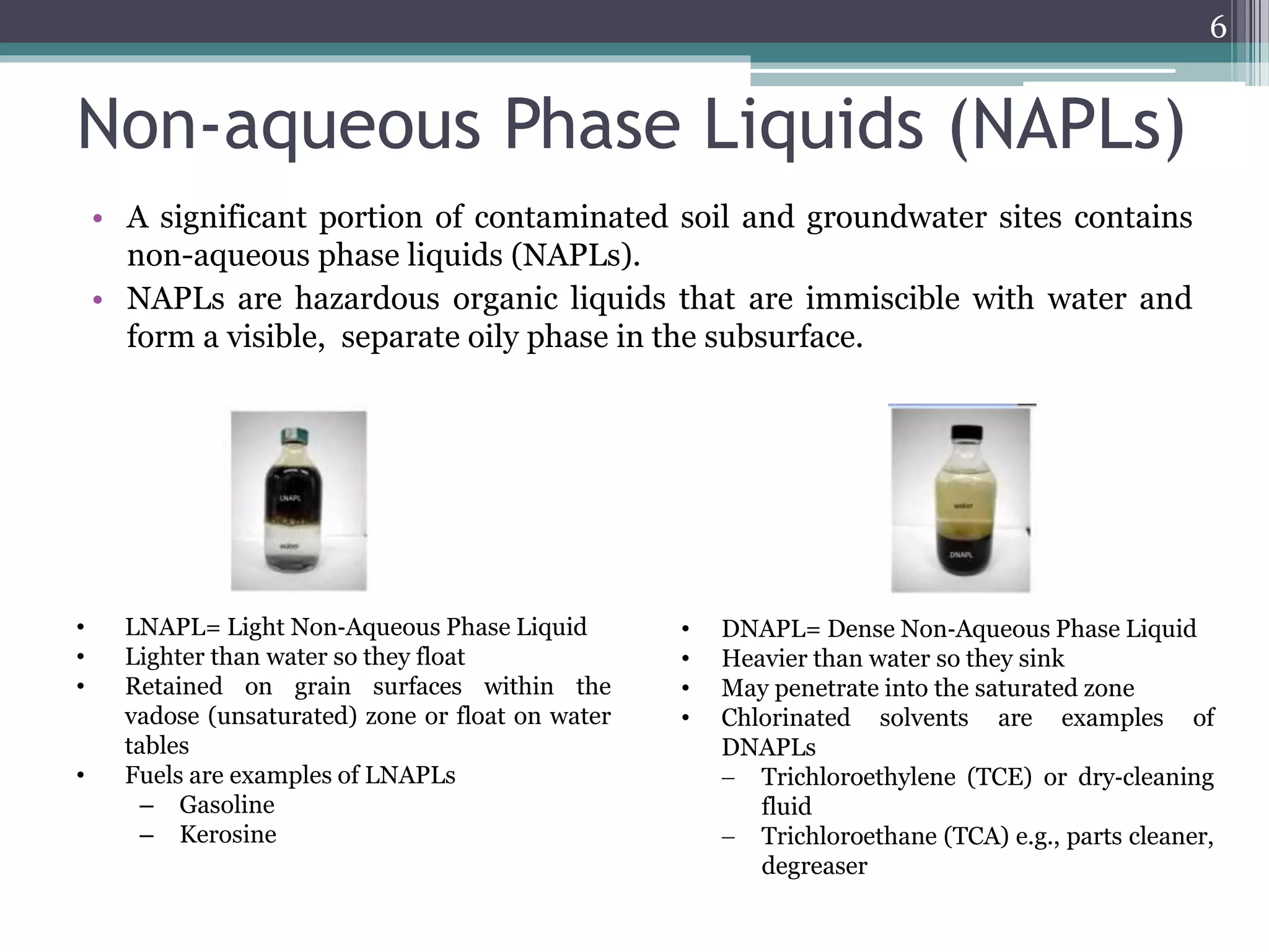 Non-aqueous Phase Liquids (NAPLs)
• A significant portion of contaminated soil and groundwater sites contains
non-aqueous phase liquids (NAPLs).
• NAPLs are hazardous organic liquids that are immiscible with water and
form a visible, separate oily phase in the subsurface.
• LNAPL= Light Non‐Aqueous Phase Liquid
• Lighter than water so they float
• Retained on grain surfaces within the
vadose (unsaturated) zone or float on water
tables
• Fuels are examples of LNAPLs
– Gasoline
– Kerosine
• DNAPL= Dense Non‐Aqueous Phase Liquid
• Heavier than water so they sink
• May penetrate into the saturated zone
• Chlorinated solvents are examples of
DNAPLs
 Trichloroethylene (TCE) or dry‐cleaning
fluid
 Trichloroethane (TCA) e.g., parts cleaner,
degreaser
6
 