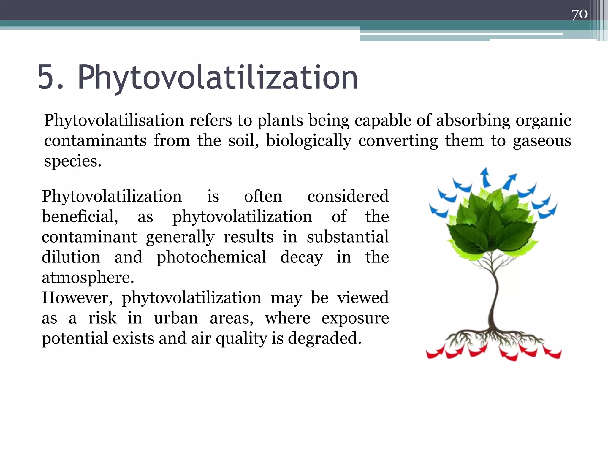 5. Phytovolatilization
Phytovolatilisation refers to plants being capable of absorbing organic
contaminants from the soil, biologically converting them to gaseous
species.
70
Phytovolatilization is often considered
beneficial, as phytovolatilization of the
contaminant generally results in substantial
dilution and photochemical decay in the
atmosphere.
However, phytovolatilization may be viewed
as a risk in urban areas, where exposure
potential exists and air quality is degraded.
 