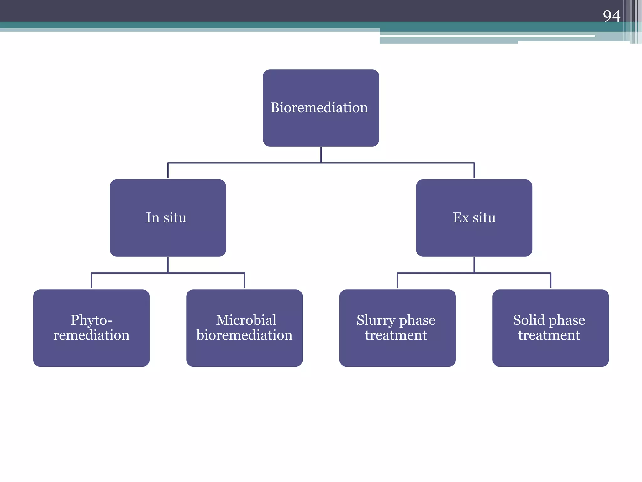 Bioremediation
In situ
Phyto-
remediation
Microbial
bioremediation
Ex situ
Slurry phase
treatment
Solid phase
treatment
94
 