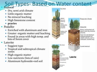 Soil Types- Based on Water content
 Pedocal
      Dry, semi arid climate
      Little organic matter
      No mineral leaching
      High limestone content
      praries
 Pedalfer
    Enriched with aluminum and iron
    Greater organic matter and leaching
    Found in areas with high temp. and
     lots of forest cover
 Laterite
    Soggiest type
    Tropical and subtropical climate
     zones
    High organic matter
    Low nutrients (lots of rain)
    Aluminum hydroxide=red soil
 