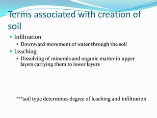 Terms associated with creation of
soil
 Infiltration
    Downward movement of water through the soil
 Leaching
    Dissolving of minerals and organic matter in upper
     layers carrying them to lower layers




  ***soil type determines degree of leaching and infiltration
 