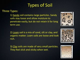 Types of Soil
Three Types:
      1) Sandy soil contains large particles. Sandy
      soils stay loose and allow moisture to
      penetrate easily, but do not retain it for long
      term use.

      2) Loam soil is a mix of sand, silt or clay, and
      organic matter. Loam soils are loose and look
      rich.

      3) Clay soils are made of very small particles.
      They feel slick and sticky when wet.
 