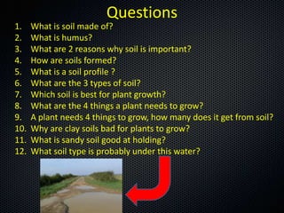 Questions
1.    What is soil made of?
2.    What is humus?
3.    What are 2 reasons why soil is important?
4.    How are soils formed?
5.    What is a soil profile ?
6.    What are the 3 types of soil?
7.    Which soil is best for plant growth?
8.    What are the 4 things a plant needs to grow?
9.    A plant needs 4 things to grow, how many does it get from soil?
10.   Why are clay soils bad for plants to grow?
11.   What is sandy soil good at holding?
12.   What soil type is probably under this water?
 