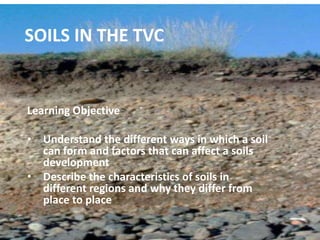 SOILS IN THE TVC
Learning Objective
• Understand the different ways in which a soil
can form and factors that can affect a soils
development
• Describe the characteristics of soils in
different regions and why they differ from
place to place
 