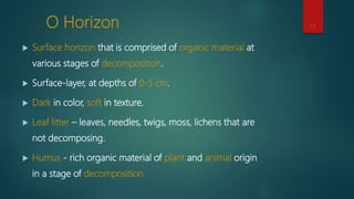 O Horizon
 Surface horizon that is comprised of organic material at
various stages of decomposition.
 Surface-layer, at depths of 0-5 cm.
 Dark in color, soft in texture.
 Leaf litter – leaves, needles, twigs, moss, lichens that are
not decomposing.
 Humus - rich organic material of plant and animal origin
in a stage of decomposition
13
 
