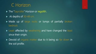 C Horizon
 The “Saprolite” Horizon or regolith.
 At depths of 30-48 cm.
 Made up of large rocks or lumps of partially broken
bedrock.
 Least affected by weathering and have changed the least
since their origin.
 Devoid of organic matter due to it being so far down in
the soil profile.
17
 