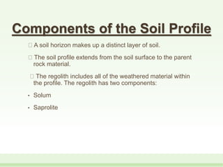 Components of the Soil Profile
A soil horizon makes up a distinct layer of soil.
The soil profile extends from the soil surface to the parent
rock material.
The regolith includes all of the weathered material within
the profile. The regolith has two components:
• Solum
• Saprolite
 