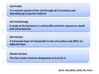 Soil Profile
It is vertical section of the soil through all its horizons and
extending up to parent material
Soil morphology
A study of the horizons in a soil profile and their sequesnce, depth
and soil properties
Soil horizon
A horizontal layer of soil parallel to the soil surface and differ fro
adjacent layer
Master horizon
The five master horizons designated as O,A,E,B ,C
By Dr. AB Jadhav, SSAC, AC, Pune
 