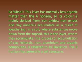   B) Subsoil: This layer has normally less organic 
matter  than  the  A  horizon,  so  its  colour  is 
mainly  derived  from  iron  oxides.  Iron  oxides 
and  clay  minerals  accumulate  as  a  result  of 
weathering. In a soil, where substances move 
down from the topsoil, this is the layer, where 
they accumulate. The process of accumulation 
of clay minerals, iron, aluminium and organic 
compounds, is referred to as illuviation. The B 
horizon has generally a soil structure.
 