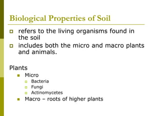 Biological Properties of Soil
 refers to the living organisms found in
the soil
 includes both the micro and macro plants
and animals.
Plants
 Micro
 Bacteria
 Fungi
 Actinomycetes
 Macro – roots of higher plants
 
