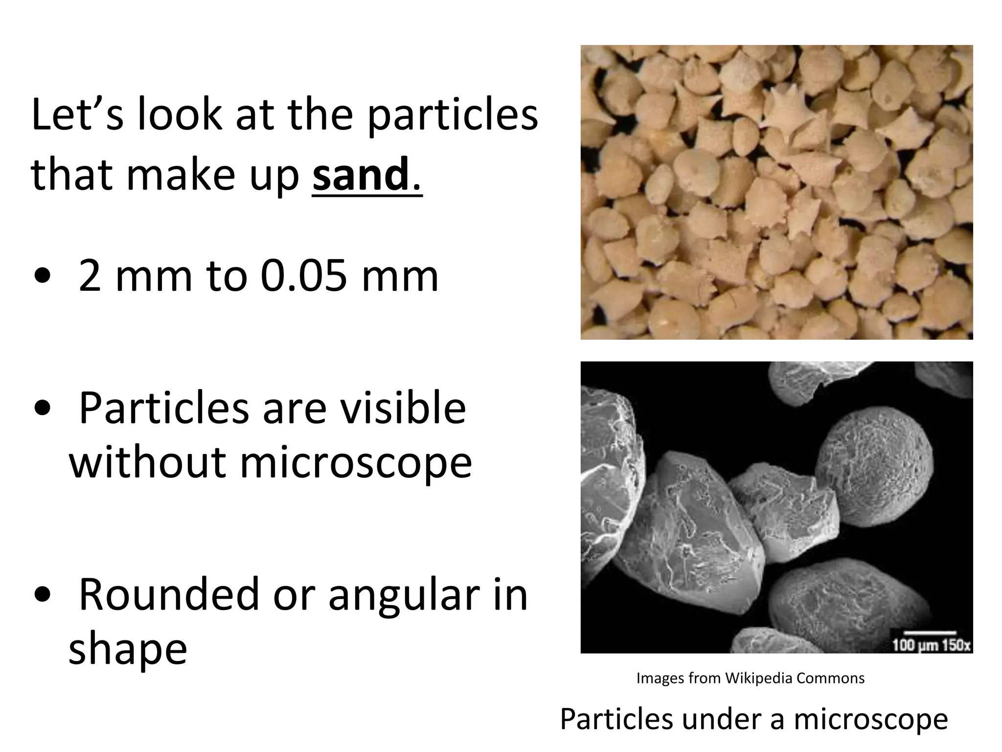 Let’s look at the particles
that make up sand.
• 2 mm to 0.05 mm
• Particles are visible
without microscope
• Rounded or angular in
shape Images from Wikipedia Commons
Particles under a microscope
 