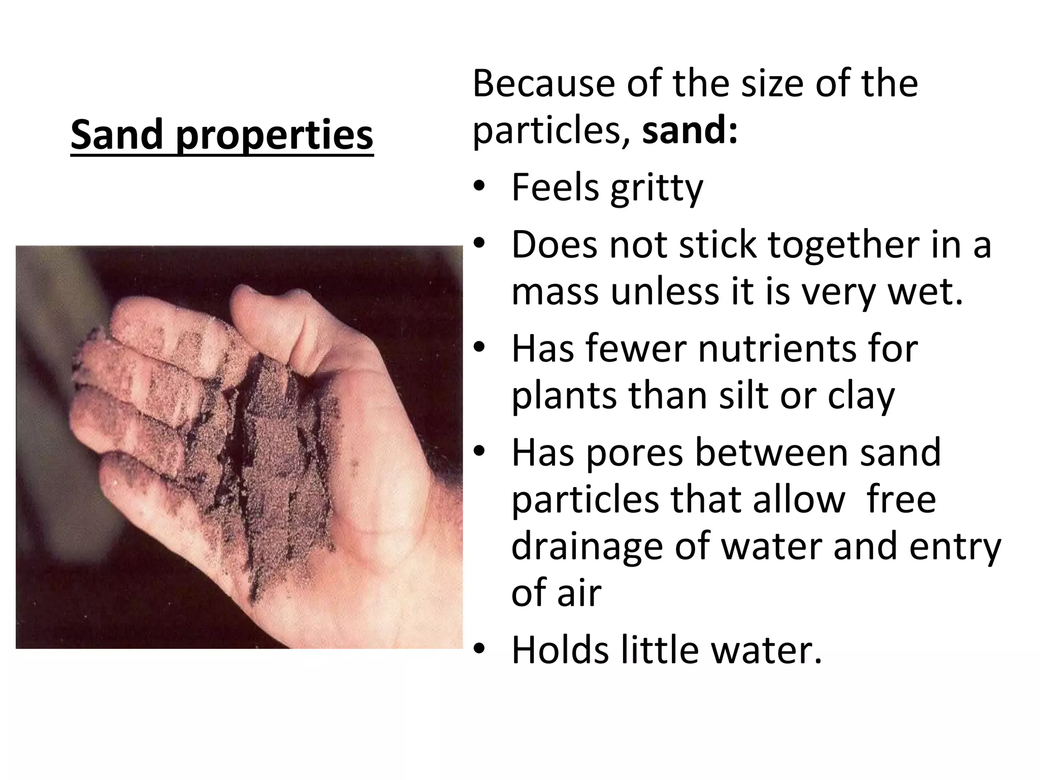 Sand properties
Because of the size of the
particles, sand:
• Feels gritty
• Does not stick together in a
mass unless it is very wet.
• Has fewer nutrients for
plants than silt or clay
• Has pores between sand
particles that allow free
drainage of water and entry
of air
• Holds little water.
 