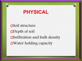 PHYSICAL
OSoil structure
ODepth of soil
OInfiltration and bulk density
OWater holding capacity
 