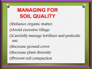 MANAGING FOR
SOIL QUALITY
OEnhance organic matter.
OAvoid excessive tillage.
OCarefully manage fertilizer and pesticide
use.
OIncrease ground cover
OIncrease plant diversity
OPrevent soil compaction
 