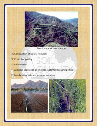 TERRACES FOR RICE CULTIVATION
11. Conservation of natural resources
12.Control of grazing
13.Reforestation
14.Judicious application of irrigation water,fertilizer,and pesticide
15.Mainly use of drip and sprinkler irrigation
 