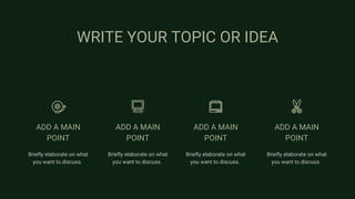 WRITE YOUR TOPIC OR IDEA
Briefly elaborate on what
you want to discuss.
Briefly elaborate on what
you want to discuss.
Briefly elaborate on what
you want to discuss.
Briefly elaborate on what
you want to discuss.
ADD A MAIN
POINT
ADD A MAIN
POINT
ADD A MAIN
POINT
ADD A MAIN
POINT
 